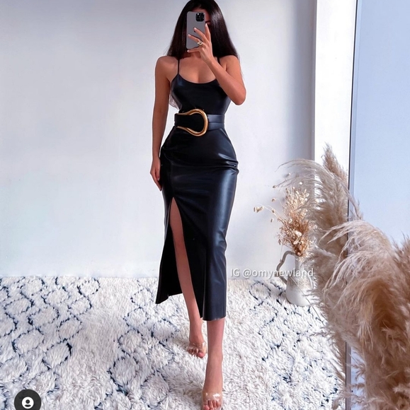 Zara Dresses & Skirts - Zara Faux Leather Front Slit Dress Black XS